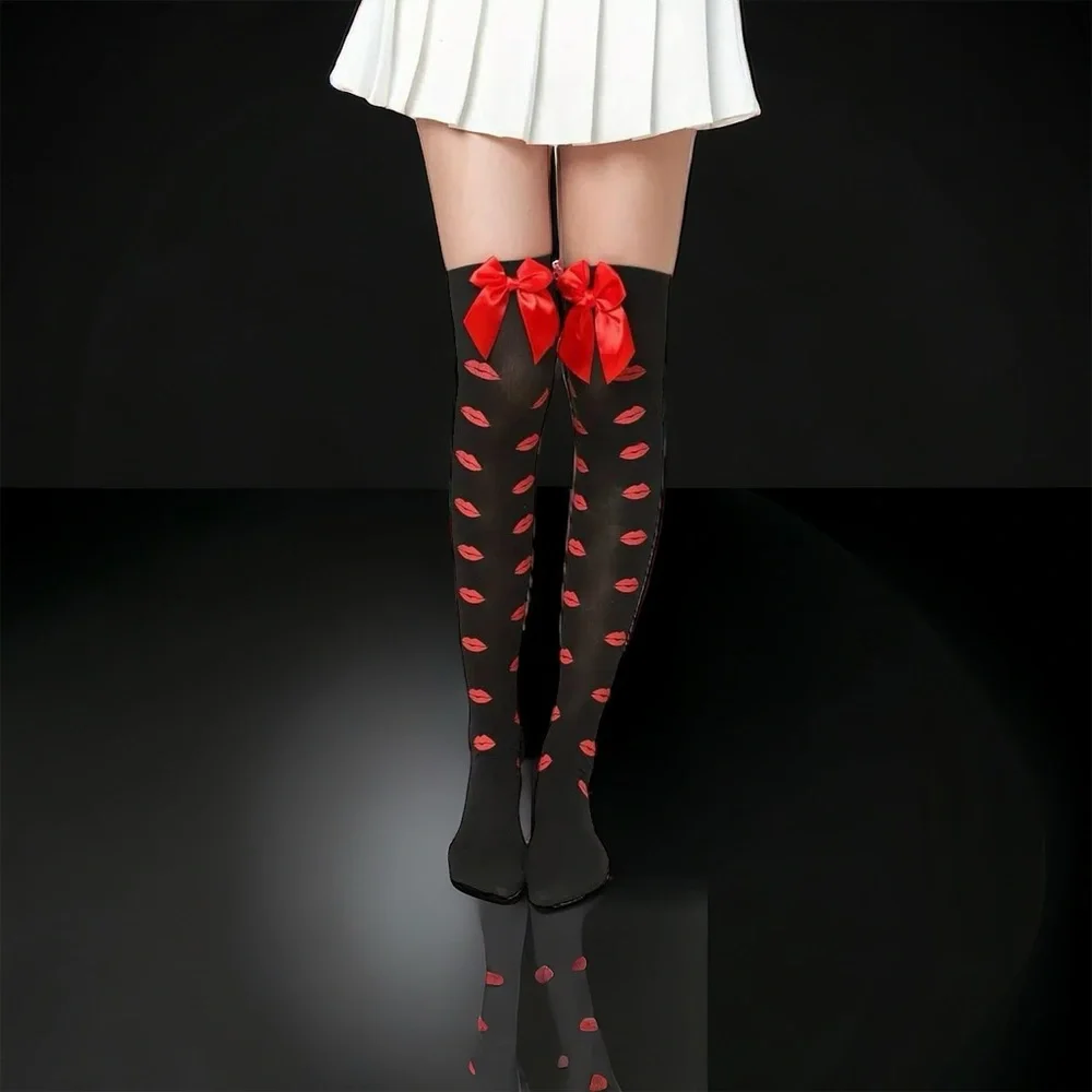 Lips Kiss Mesh Thigh High Stockings Bow Decor Valentines Day Over The Knee Socks